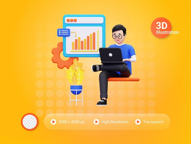 Ilustracja 3D mężczyzna robi analizę biznesową online