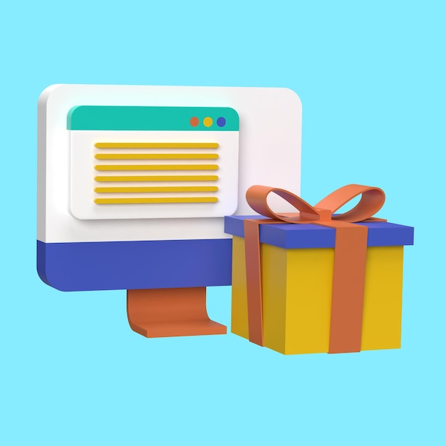 Ilustracja 3D monitora komputerowego z pudełkiem podarunkowym przed nim