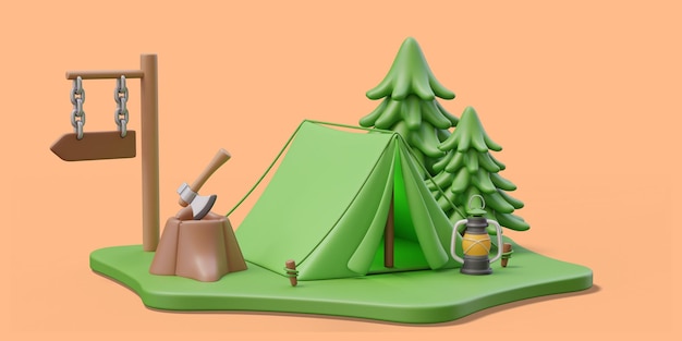 Ilustracja 3D namiot kempingowy kerozyna latarnia sosna drewniana wskazówka pnia siekiera podróż przygoda
