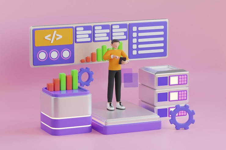PSD ilustracja 3d nowoczesnej technologii i rozwoju oprogramowania. rozwój mobilny