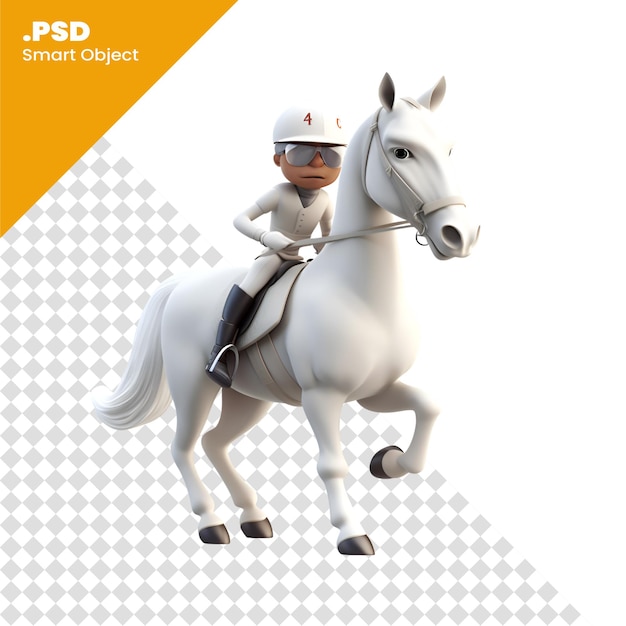 PSD ilustracja 3d postaci z kreskówki jadącej na białym koniu na białym tle szablon psd
