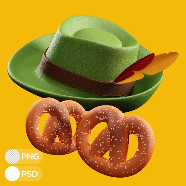 PSD ilustracja 3d precel niemiecki kapelusz oktoberfest