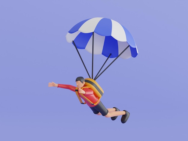 PSD ilustracja 3d przedstawiająca człowieka cieszącego się jazdą na spadochronie mężczyzna jedzie na spadochronie sporty ekstremalne spadochroniarstwo