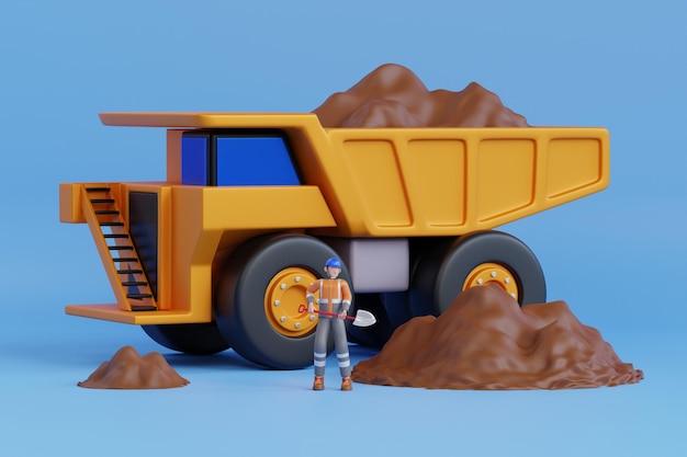PSD ilustracja 3d przedstawiająca dużą wywrotkę z kamieniołomu w kopalni węgla ładowanie węgla do nadwozia ciężarówki