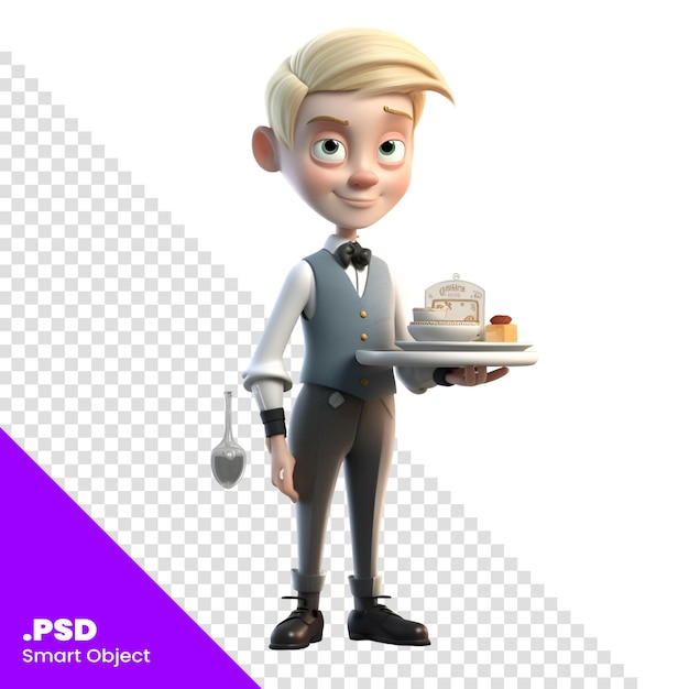 PSD ilustracja 3d przedstawiająca kelnera z tacą i szablonem psd domku z zabawkami