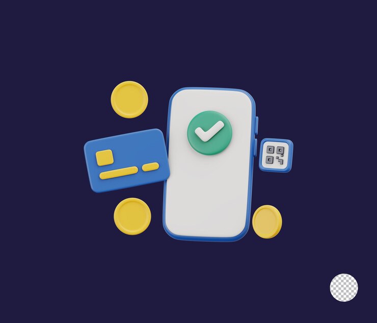 PSD ilustracja 3d przedstawiająca płatność mobilną za pomocą monet, karty i kodu qr