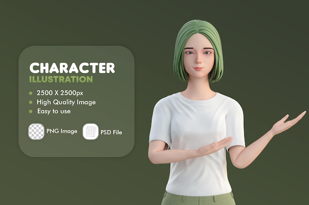 Ilustracja 3D przedstawiająca uroczą przypadkową kobietę po lewej stronie używa obu rąk