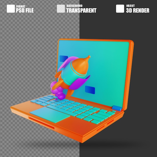 PSD ilustracja 3d rakiety i laptopa 3