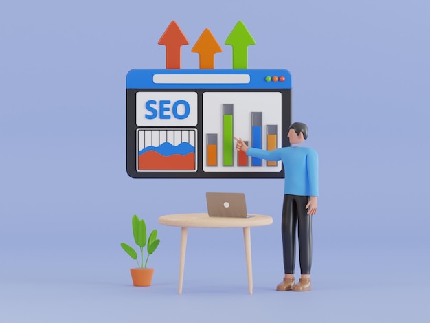 PSD ilustracja 3d rankingu seo optymalizacja 3d seo analityka internetowa i koncepcja marketingu seo