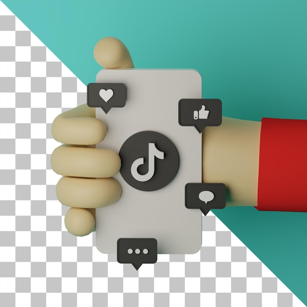 PSD ilustracja 3d ręka trzymająca telefon komórkowy z logo tiktok renderowanym tłem dla koncepcji marketingowej