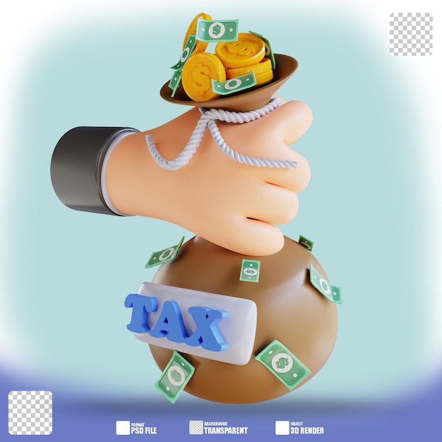 Ilustracja 3D ręka trzymająca worek na pieniądze i podatek 2