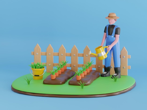PSD ilustracja 3d rolnika podlewającego warzywa marchewkowe mężczyzna podlewającego rośliny w ogrodzie