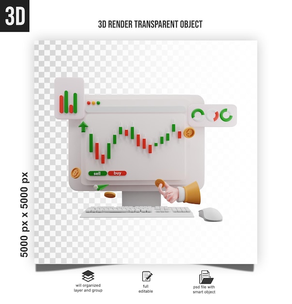 Ilustracja 3D stacji handlowej z wykresem wzrostu analizy danych finansowych 3D rendering
