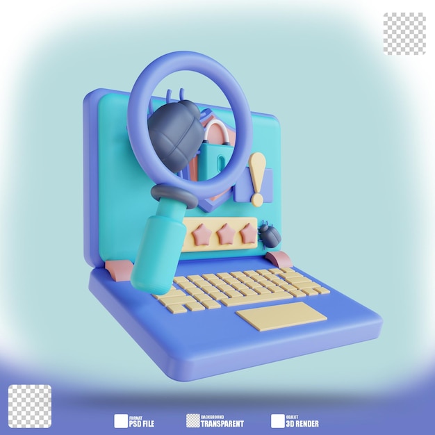 Ilustracja 3D wyszukiwanie wirusów w laptopie 2