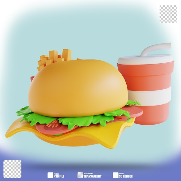 Ilustracja 3d Z Frytkami, Burgerami I Zimnymi Napojami