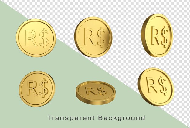 Ilustracja 3D Zestaw złotych brazylijskich prawdziwych monet w różnych aniołach