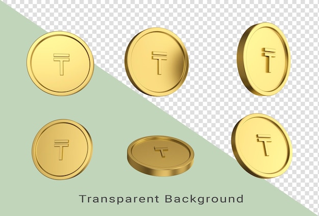 Ilustracja 3D Zestaw złotych monet tenge kazachskich w różnych aniołach