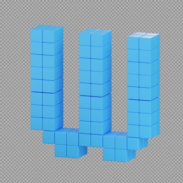 Ilustracja 3D zestawu niebieskich kostków blok ceglany z literą w W na nim na przezroczystym tle