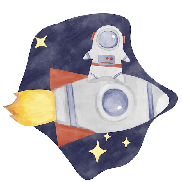 Ilustracja akwarelowa Astronauta w garniturze kosmicznym Rakiety statek kosmiczny i gwiazdy na niebieskim tle