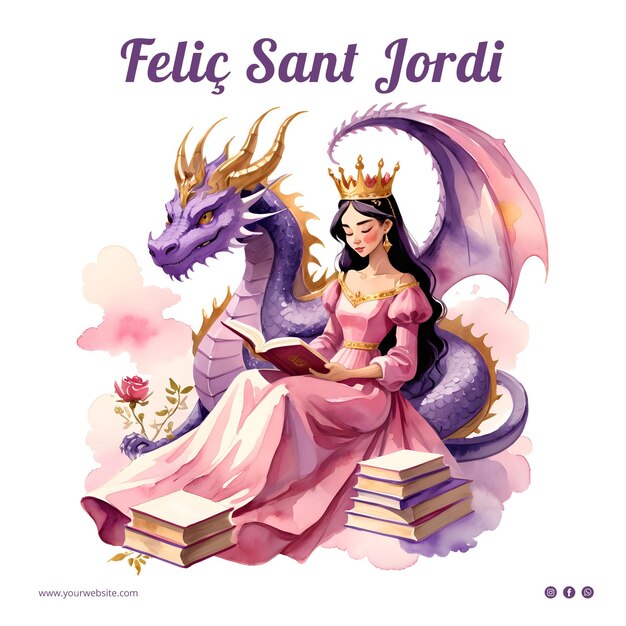 PSD ilustracja akwarelowa diada de sant jordi z książkami księżniczki smoka i różami