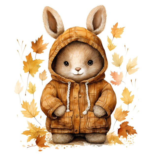 Ilustracja akwarelowa uroczego małego królika w ciepłej kurtce z jesiennymi liśćmi