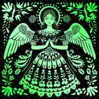 PSD ilustracja anioła z kwiatami i zielonymi liśćmi