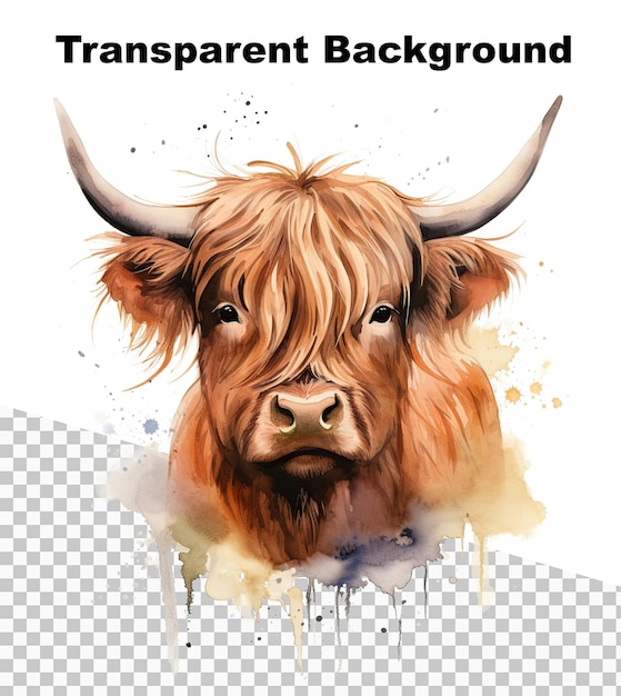 PSD ilustracja brązowej krowy z rogami w stylu akwarelu