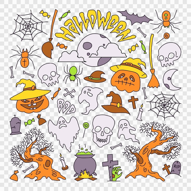 PSD ilustracja elementy halloween party zestaw ikon w stylu kreskówki