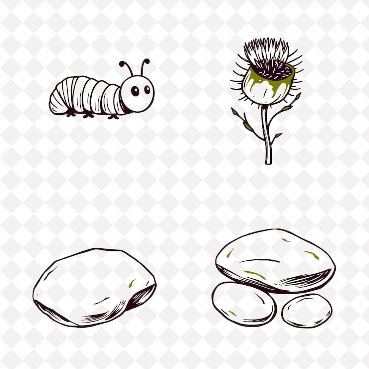 PSD ilustracja: gąsienica thistle seed pod river stone miękkie gąsienice kroczące wzdłuż thistle w