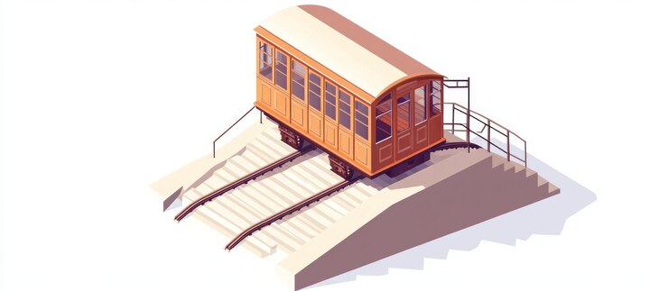 PSD ilustracja izometryczna starożytnego wagonu kolejowego na torach wznoszących się po schodach