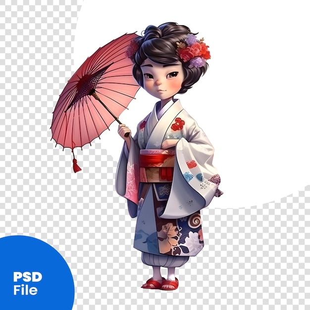 PSD ilustracja japońskiej dziewczyny w kimono z szablonem parasola psd