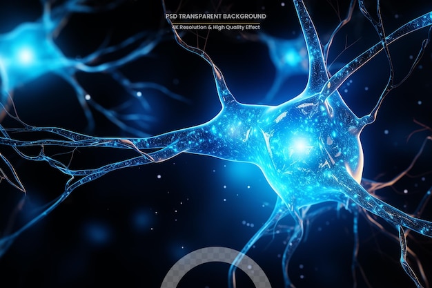 PSD ilustracja koncepcyjna komórek neuronowych z świecącymi węzłami łączącymi w abstrakcyjnej ciemnej przestrzeni