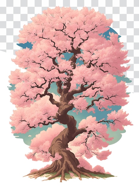 PSD ilustracja kreskówka japońskiego drzewa sakura z żywymi kolorami na przezroczystym tle