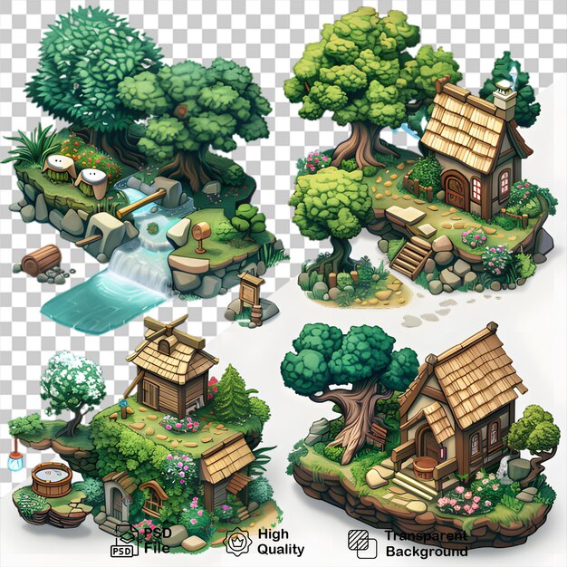 PSD ilustracja kreskówki ogrodu z domem i drzewami na przezroczystym tle