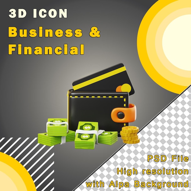 Ilustracja portfela biznesowego i finansowego z ilustracją 3D karty debetowej