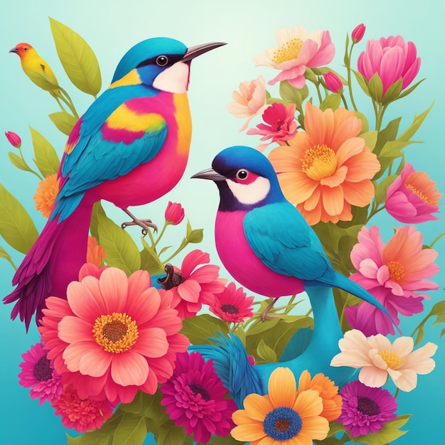 Ilustracja ptaków i kwiatów