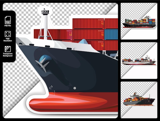 PSD ilustracja wektorowa widoku bocznego statku kontenerowego izolowanego na przezroczystym tle