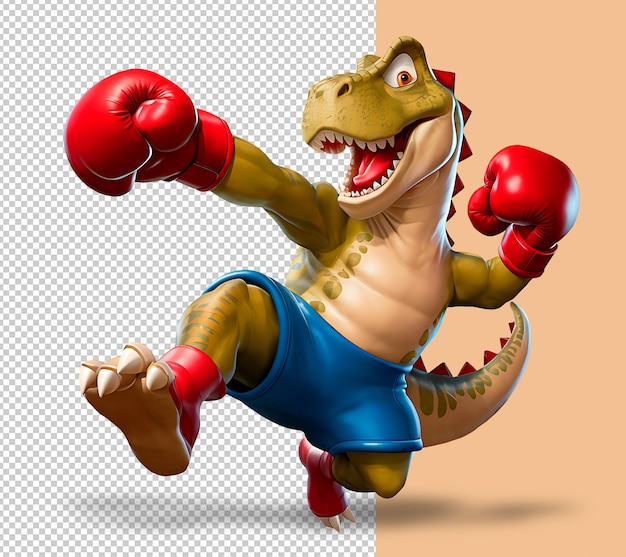 PSD ilustracja z kreskówki dinozaur boksujący w czerwonych rękawiczkach bokserskich