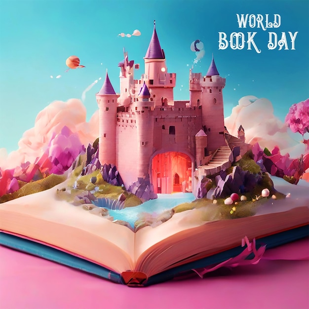 PSD ilustracja zamku w kolorze pastelowym nad książką otwarta książka z wyłaniającym się światem fantazji