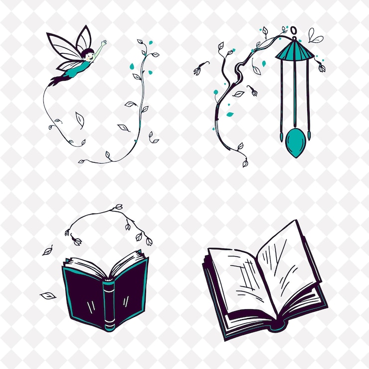 PSD ilustracjapixie vines wind chimes storybooks mischievous pixie darting through the air twisti