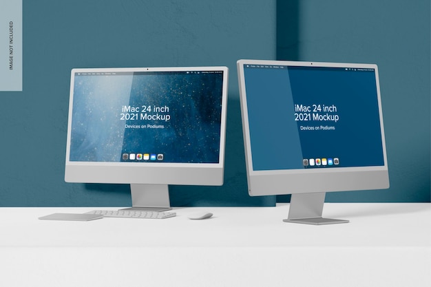 iMac 24 インチ 2021 の表彰台モックアップ、左と右のビュー