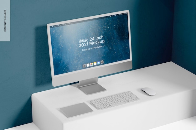 Imac 24 inch 2021 on podium mockup, perspective