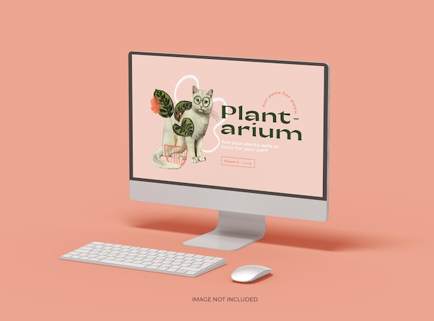 UIUX 제품 쇼케이스 3D 렌더링을 위한 맞춤형 디자인이 포함된 iMac 데스크탑 템플릿