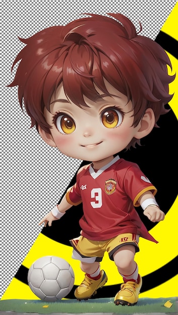 PSD immagine carino ragazzo di 5 anni che indossa un'uniforme da calcio rossa, bianca e gialla e calze kawaii e ch