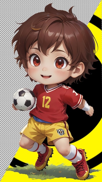 PSD image cute 5 year old boy wearing a red white and yellow football uniform and cleats kawaii and ch