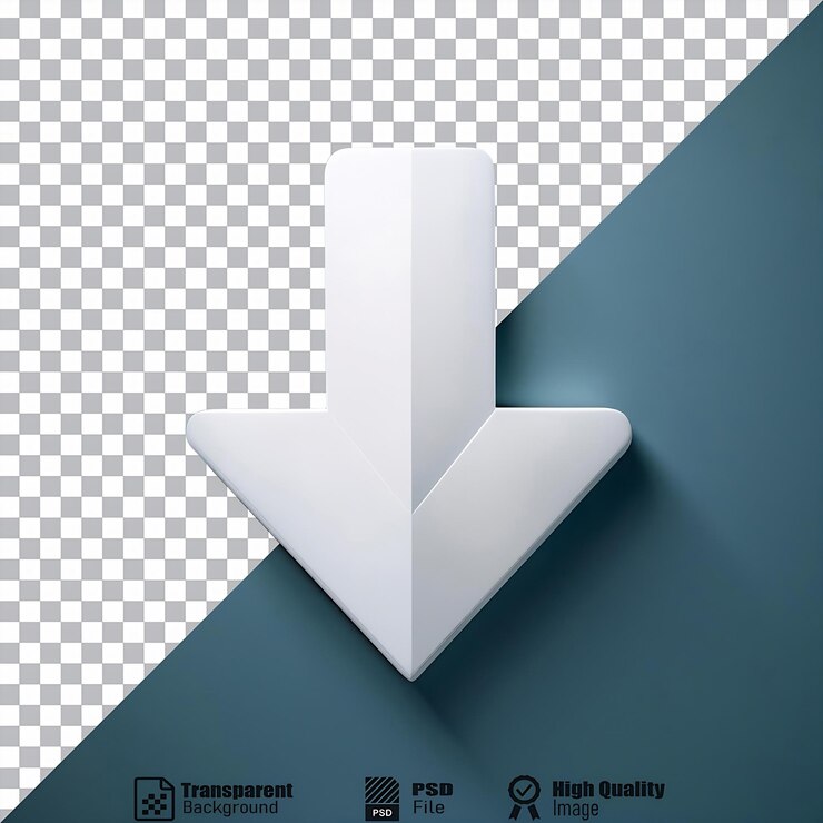 PSD the image depicts a 3d rendered glossy white arrow pointing downwards