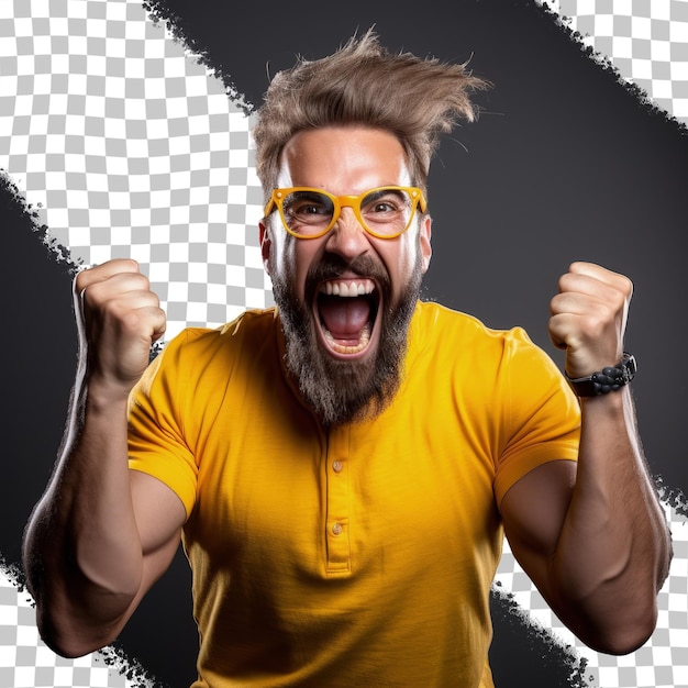 PSD image of a happy bearded man in glasses holding a key and shouting wearing a yellow shirt against a transparent background