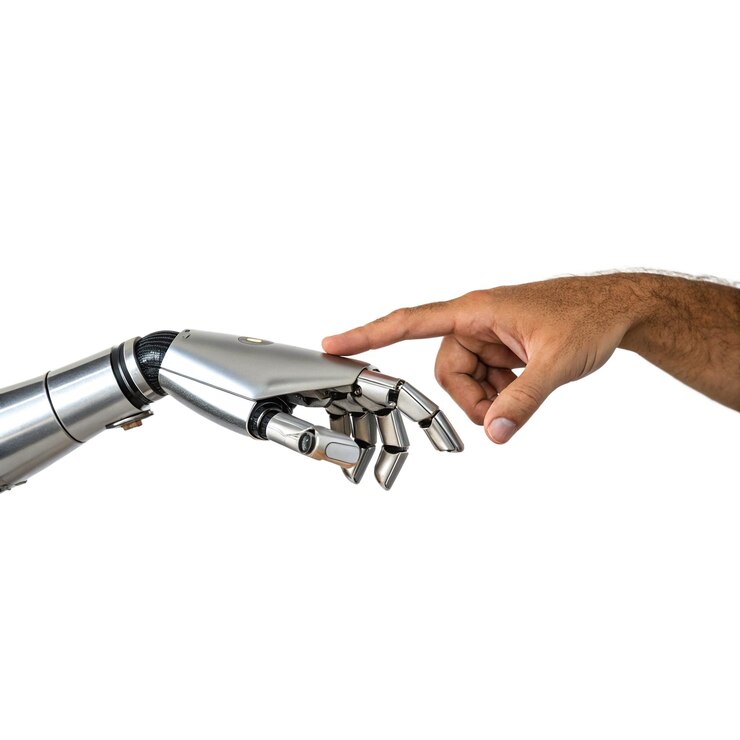 PSD image of a human finger gently touching a sleek metallic robotic hand transparent background
