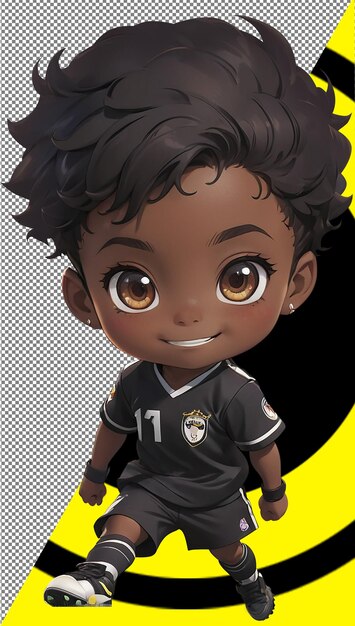 PSD カワイイとチビのスタイルで黒いフットボールを着た可愛い黒い肌の5歳の男の子の画像