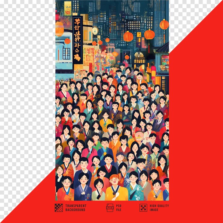 PSD image of people celebrating korean new year style with lanterns in background without backgroundhd